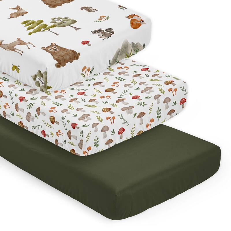 Sweet Jojo Designs Woodland Forest Animals Boy, Girl, Unisex/Gender Neutral 3 Pack Fitted Crib Sheets - Solid Green, Mushrooms