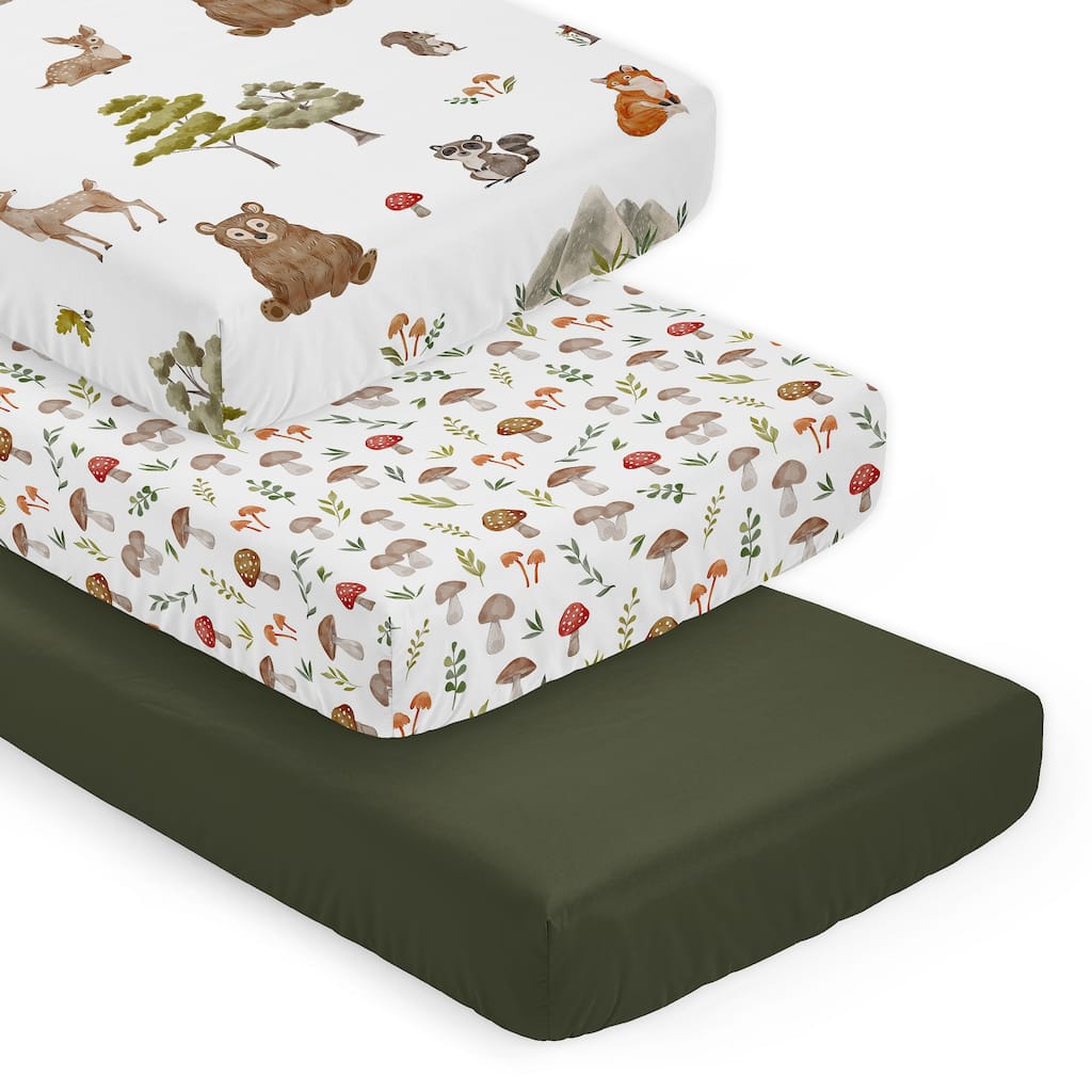 Sweet Jojo Designs Woodland Forest Animals Boy, Girl, Unisex/Gender Neutral 3 Pack Fitted Crib Sheets - Solid Green, Mushrooms
