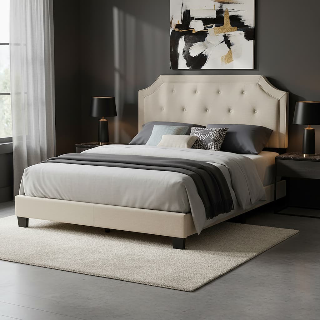 Aria Beige Fabric Queen Bed with Piping and Button Tufting