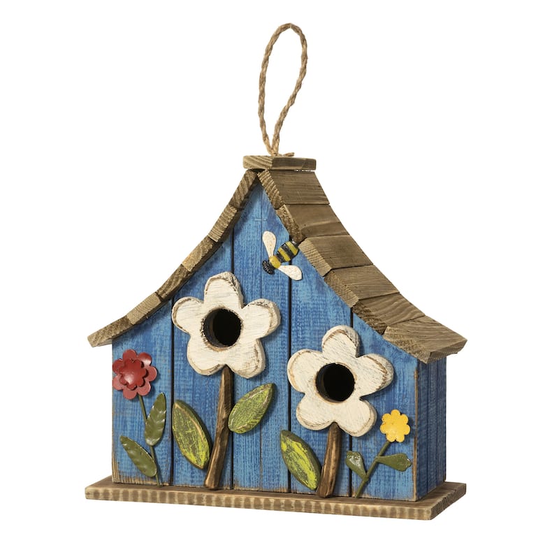 Glitzhome 10.5"H Distressed Solid Wood Birdhouse with 3D Flowers - 10.5" - Blue