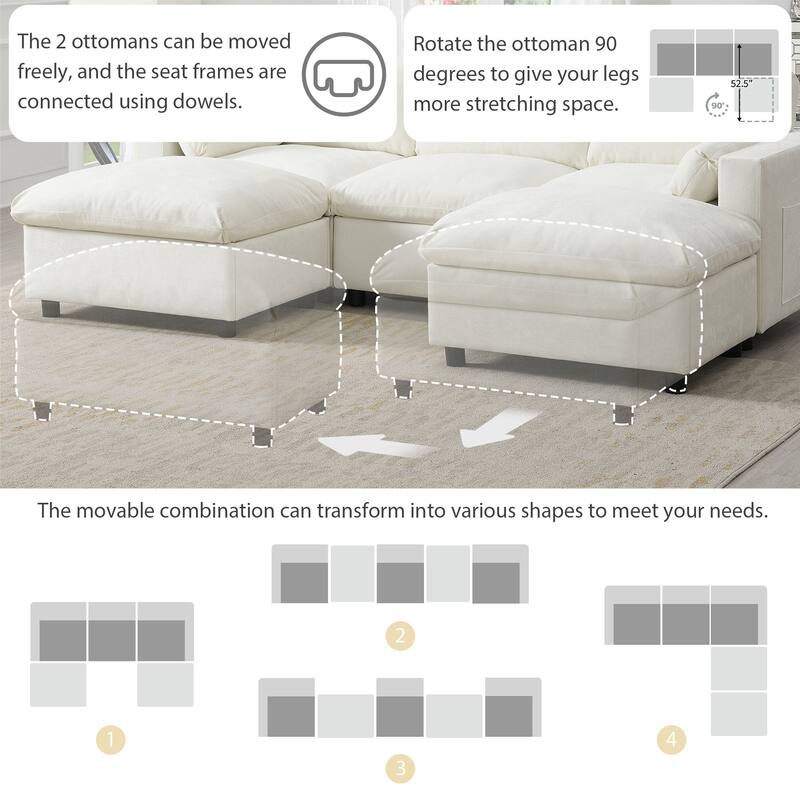 86.5" Chenille Modular Sofa with Storage Pockets, Movable Ottomans