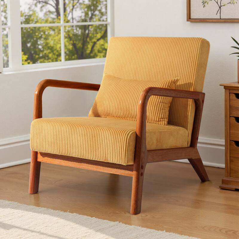 Mid-Century Upholstered Accent Chair with Wood Frame - Brown Frame - Orange