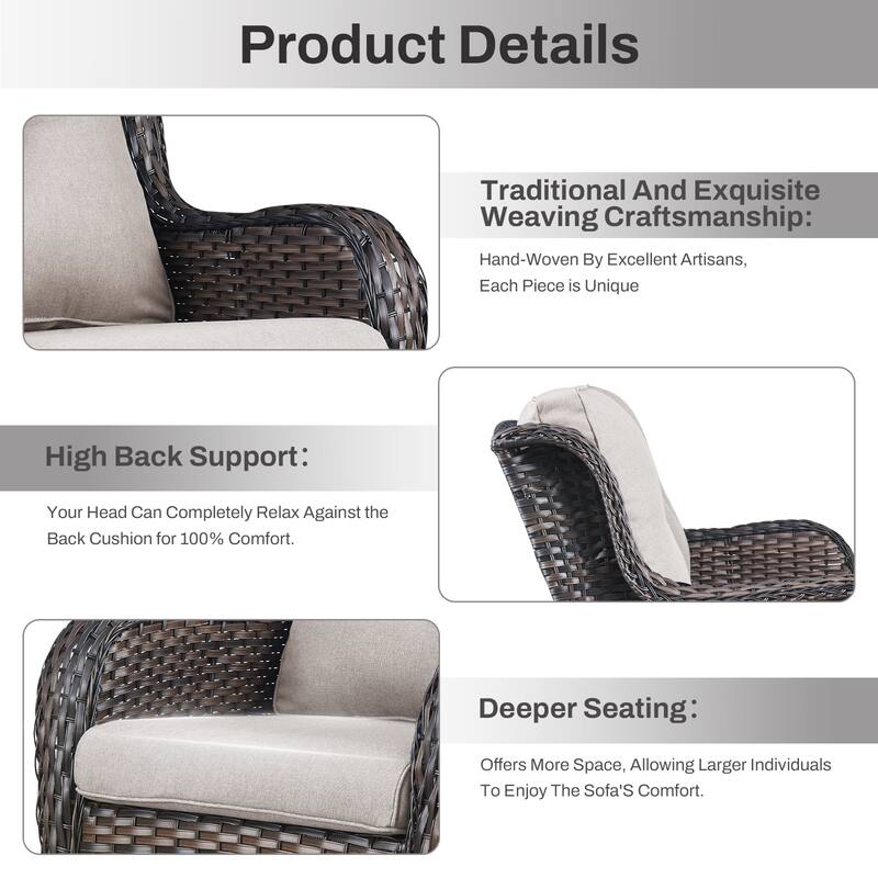Gymojoy 4-Piece Outdoor Wicker Furniture Set, 2 Patio Chairs, 3-Seat Sofa & Fire Pit Table