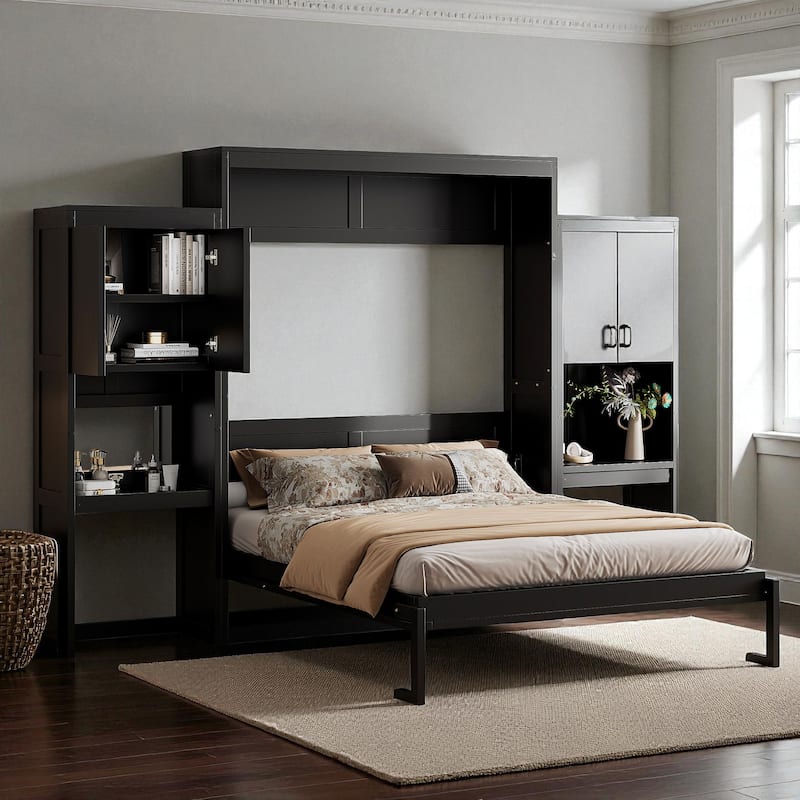 Queen Size Murphy Bed with Desk, Flip-Up Vanity & Cabinets, Space-Saving Wall Bed with Storage for Bedroom & Guest Room