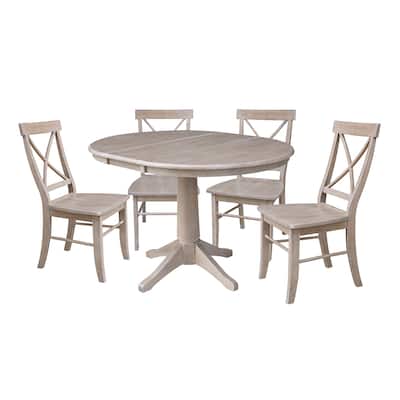36" Round Extension Dining Table with Four Chairs, Washed Gray Taupe