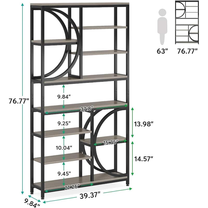 77" Tall Industrial Bookcase, Open Bookshelf Display Shelves
