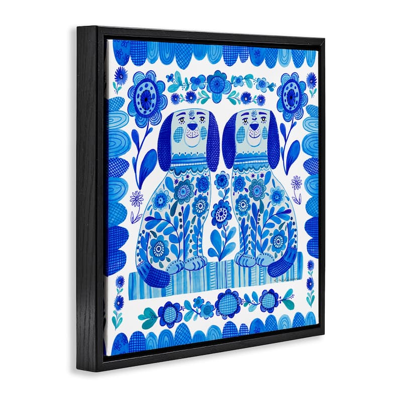 Stupell Blue Folk Style Puppies Framed Floater Canvas Wall Art Design By Kay Widdowson
