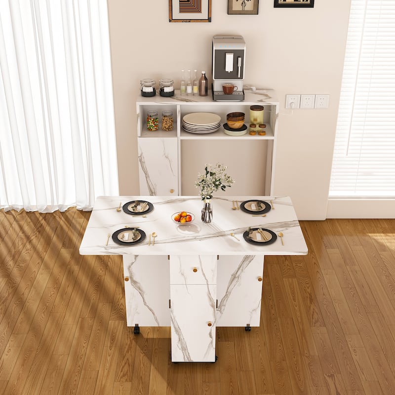 Anmytek Folding Marble Dining Table with Storage & Power Outlet, Convertible Desk for Small Space Kitchen Living Room - White