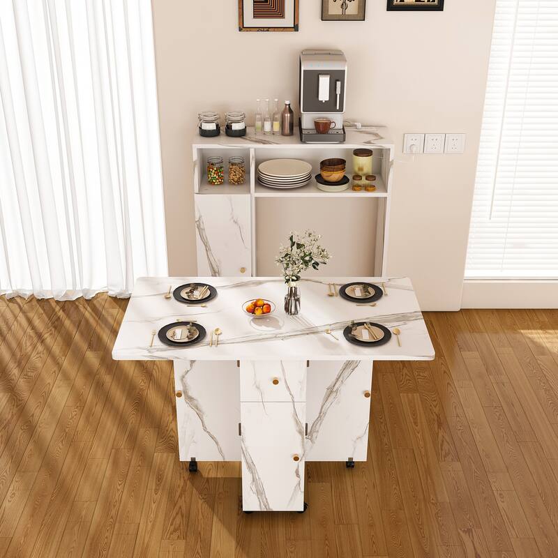 Folding Dining Table and Storage Sideboard with Charging Station， Multifunctional Space-Saving Kitchen Table with Wheels