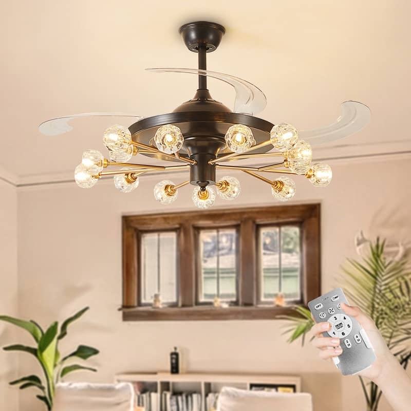 48 Inch Retractable Clear 4-Blade Modern Sputnik Ceiling Fans with Light (excl.bulb) Luxury Chandelier