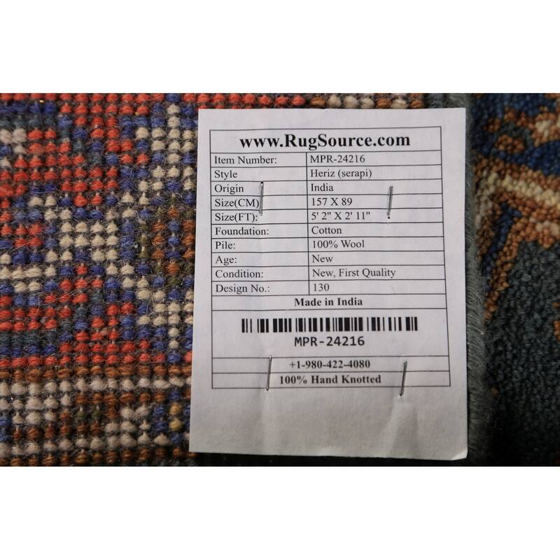 Teal Geometric Heriz Serapi Indian Foyer Rug Handmade Wool Carpet - 2'11"x 5'2"