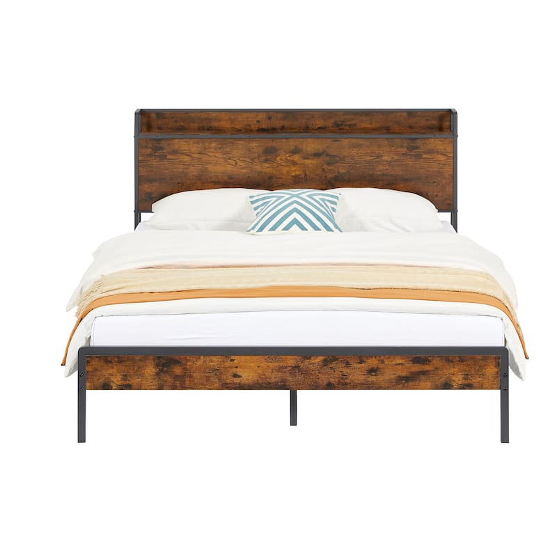 Queen Size Metal and Wood Charging Platform Bed