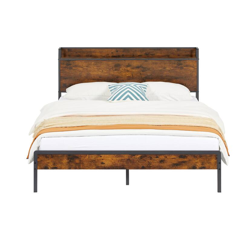 Platform Bed with 2 USB Ports, Power Outlets, and Storage Headboard - 1000 LB Capacity.