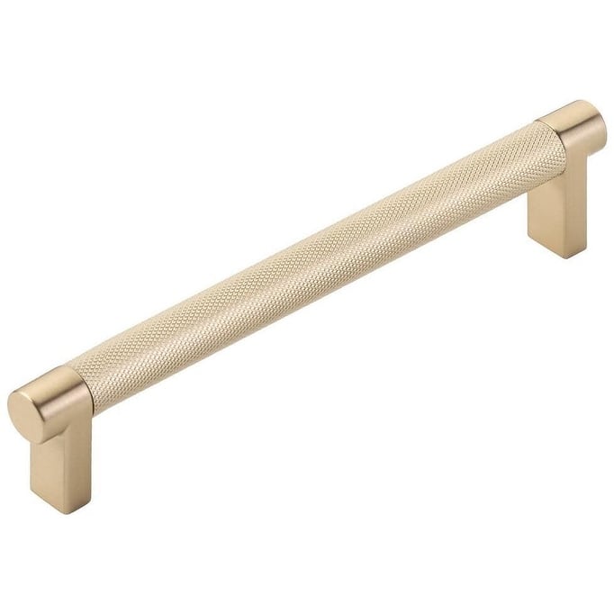 Emtek 84055.REC.KN Knurled 6" Center to Center Bar Cabinet Pull with - Satin Brass / Satin Brass Stem