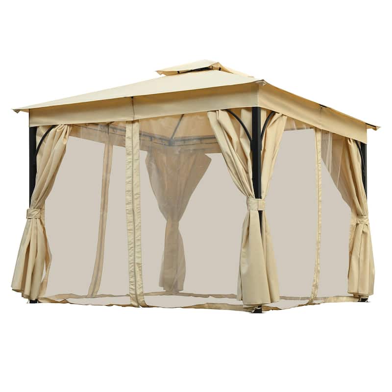 Outdoor Gazebo Tent with Double Roof, Mosquito Netting & Privacy Screens
