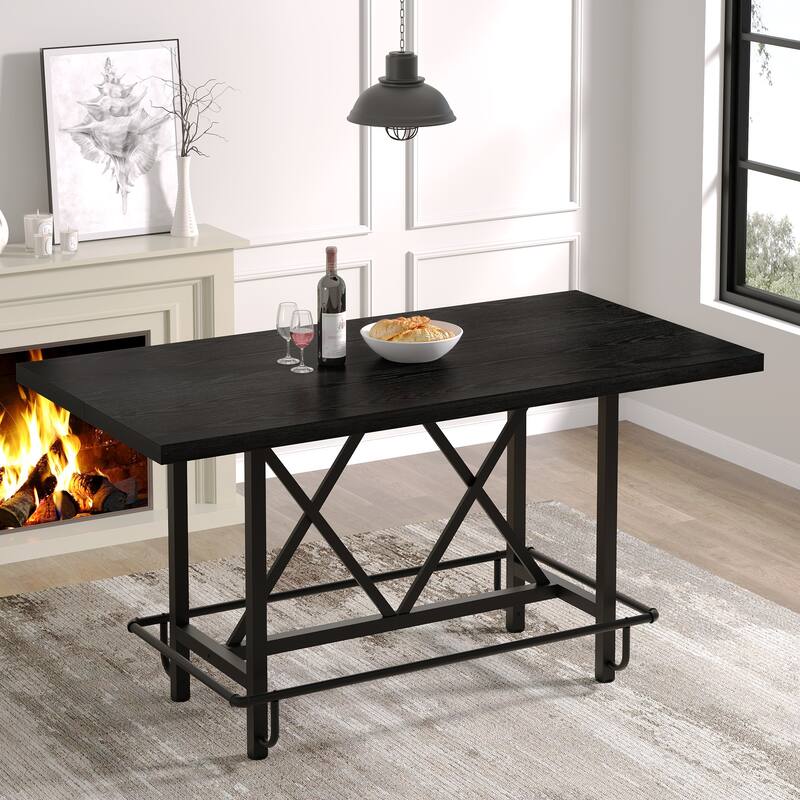 63" Long Wood Dining Table for 4-6 People, Farmhouse Dinner Table with Thick Tabletop, Kitchen Table with Footrest - Black