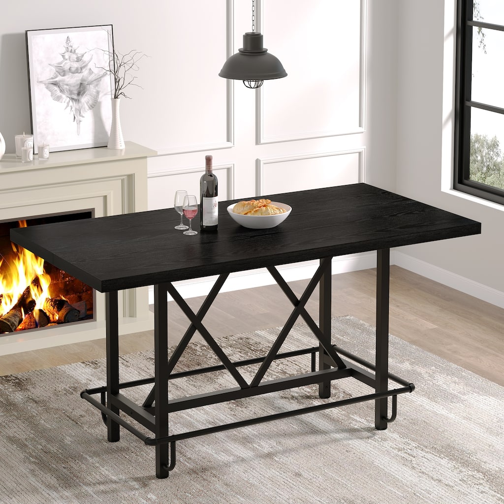 63" Long Wood Dining Table for 4-6 People, Farmhouse Dinner Table with Thick Tabletop, Kitchen Table with Footrest