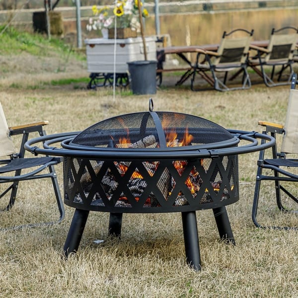 Outsunny Outdoor Fire Pit, 24 Inch Metal Wood Burning Fireplace With Spark Cover, Poker, Woodgrain Design - Brown