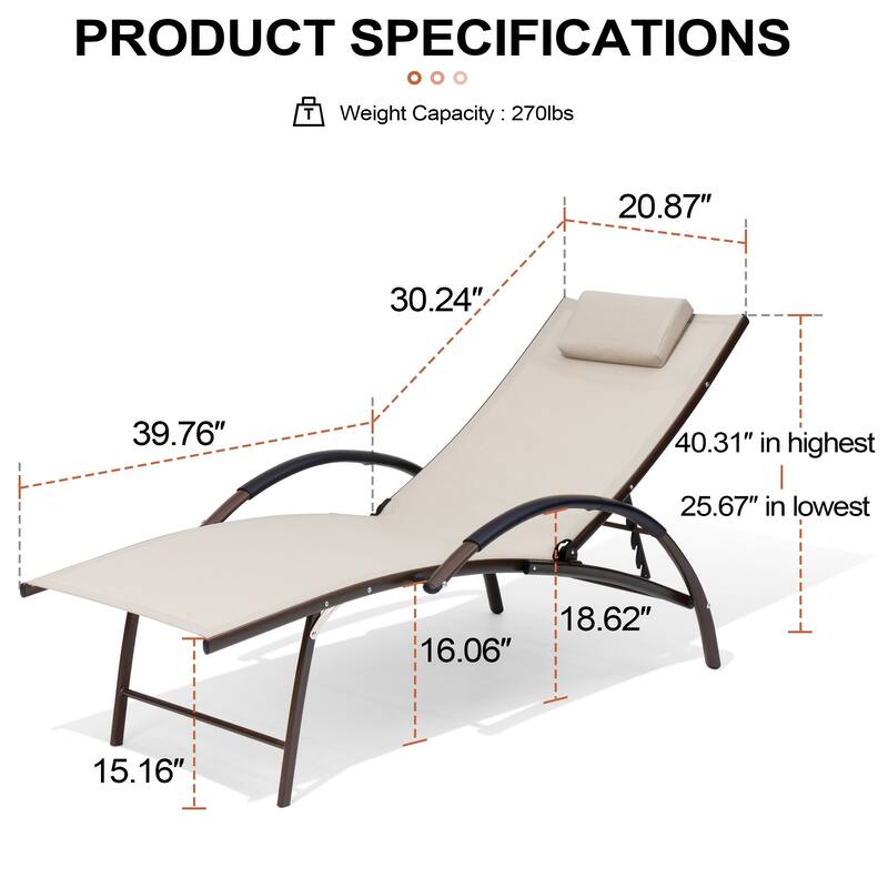 Crestlive Products Outdoor Adjustable Reclining Chaise Lounge Chair with Armrest