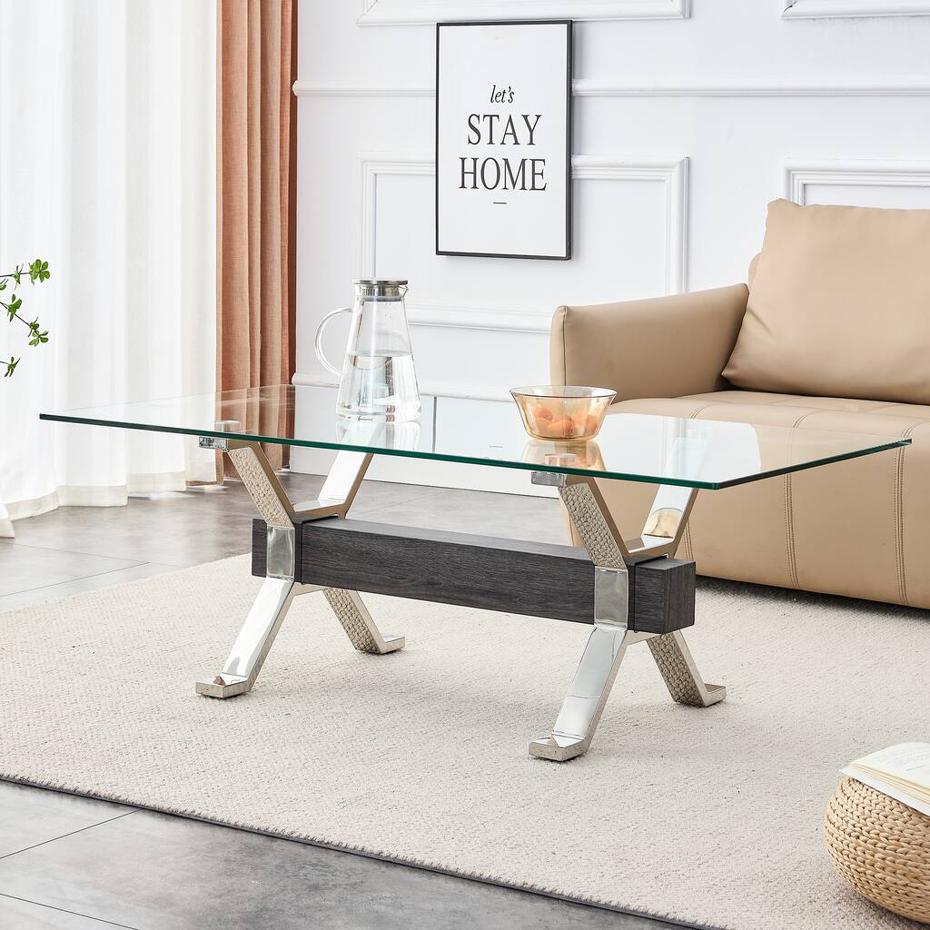 Contemporary Tempered Glass Coffee Table with Plating Metal Legs