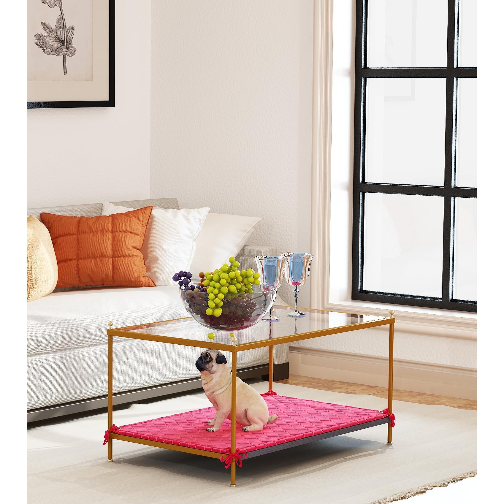 Coffee table share with pets(Provide pet mat), Net cloth tempered glass tabletop coffee table,multi-function