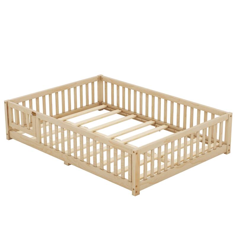 Natural Full Size Pine Wood Floor Bed with Safety Guardrails and Door for Kids, Boys, Girls, Bedroom