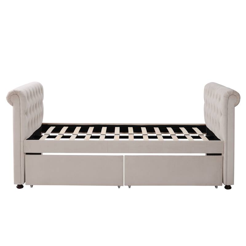 Twin Size Upholstered Daybed with Drawers, Wood Slat Support, No Box Spring Needed