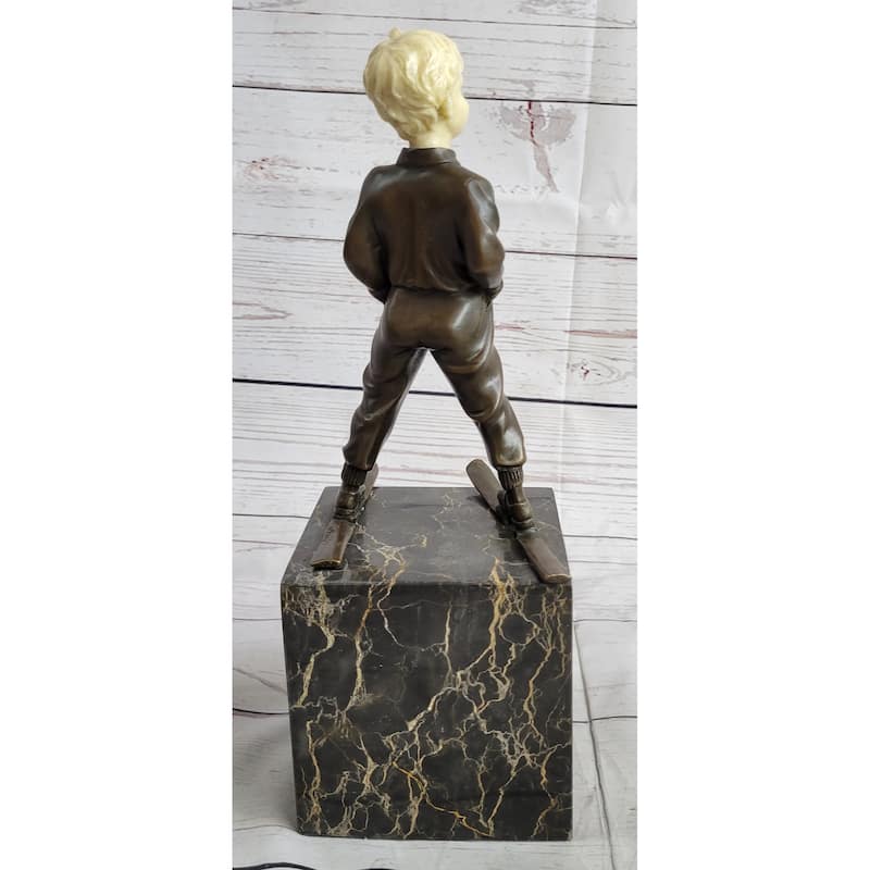 Little Boy Child On Skis Skiing Bronze Statue Sculpture Figurine On Marble Base