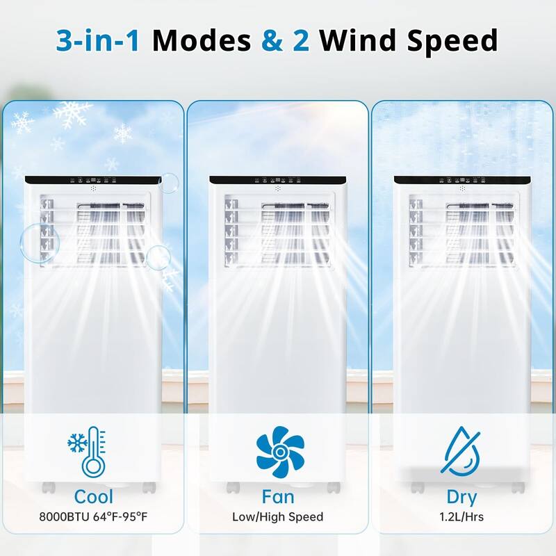 8,000 BTU Portable Air Conditioner with Remote Control, Portable AC for Room up to 350 Sq. Ft