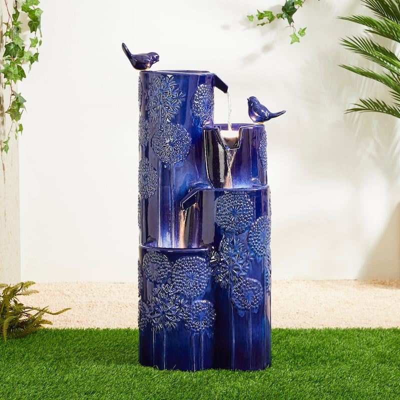 Glitzhome 31.75"H 4-Tier LED Vase-Shaped Ceramic Outdoor Floor Fountain with Birds/ Lotus