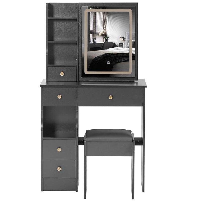 Small Space Vanity Table with Sliding LED Mirror, Multi-Layer Storage, and Comfortable Stool for Modern Bedrooms