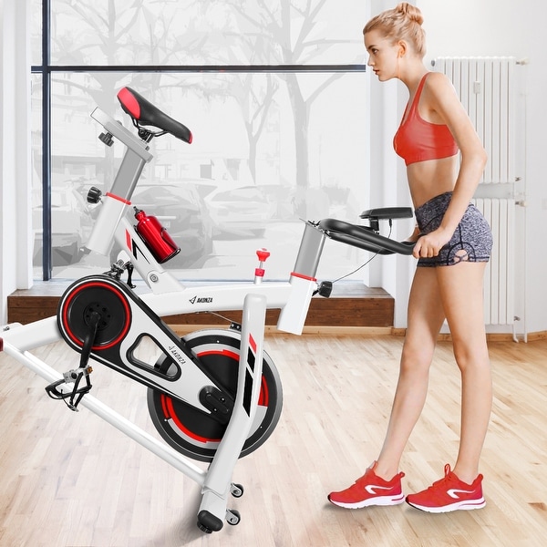 AKONZA Stationary Bike w Water Bottle Holder Cardio Exercise Bike Belt Driven Indoor Cycling Bike White Bed Bath Beyond 24219181