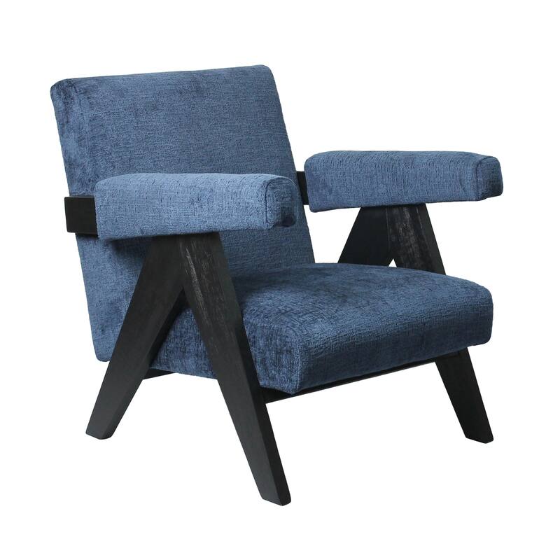 Pierre Nautical Wooden Lounge Chair - Blue Fabric with Black Frame