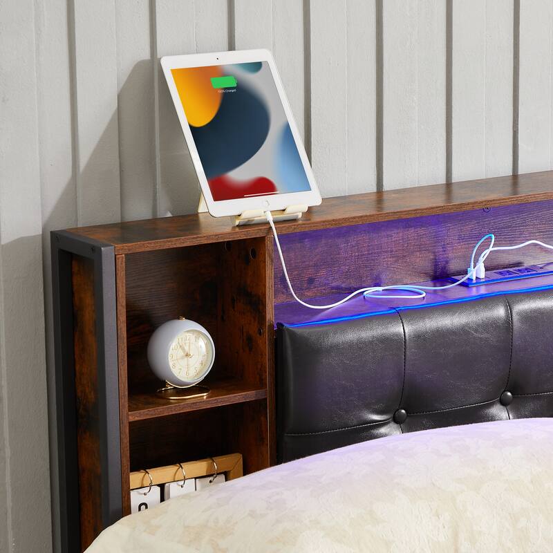 Metal Bed Frame with Storage Headboard/USB Charging Station