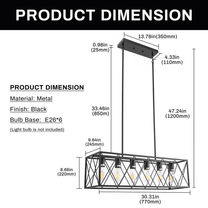 YANSUN 6-Light All-Black Iron Frame Island Pendant Light with Cross-Mesh Design and Hanging Rod, E26 Base
