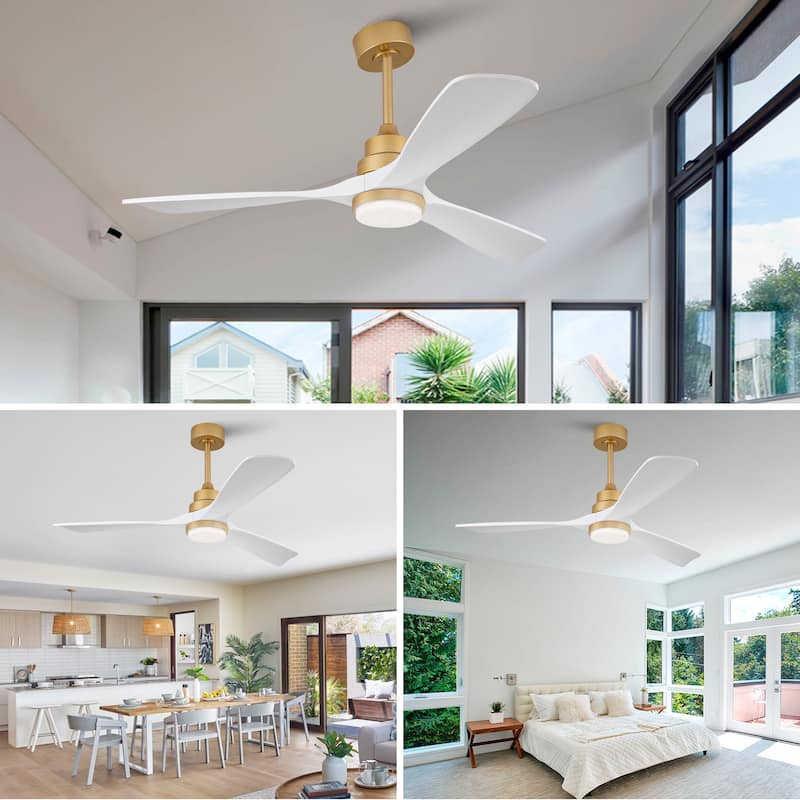 52 Inch Indoor Ceiling Fan With Dimmable LED Light 3 Solid Wood Blades Remote Control Reversible DC Motor - Gold+White