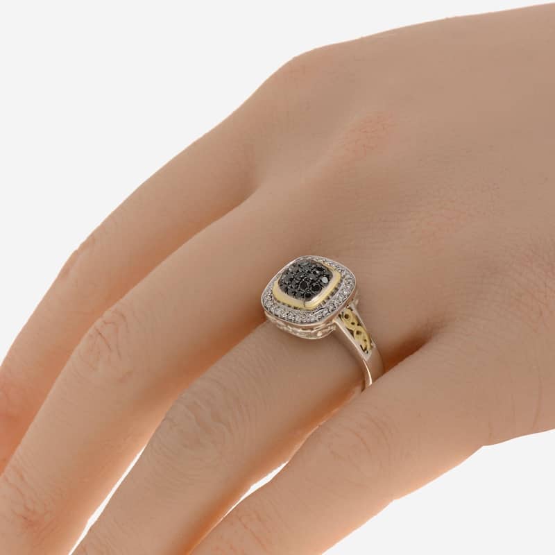 Charles Krypell Sterling Silver and 18K Yellow Gold, Black Diamond and White Diamond Band Ring Sz. 6.75