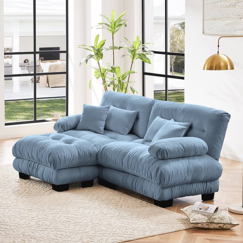 Rossetta Exquisite Stylish Design Chenille Cloud Look Couch Sectional Wide Arm Sofa with Convertible Ottoman and Pillows - Blue
