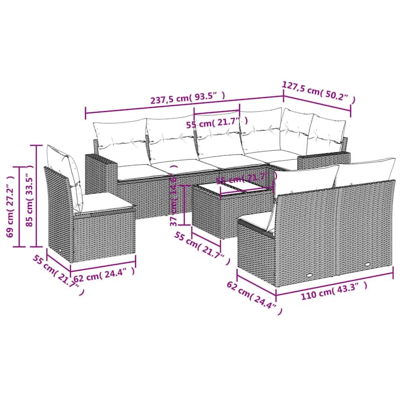 vidaXL Patio Sofa Set with Cushions Outdoor Conversation Furniture Poly Rattan - 25.8" x 24.4" x 27.2"