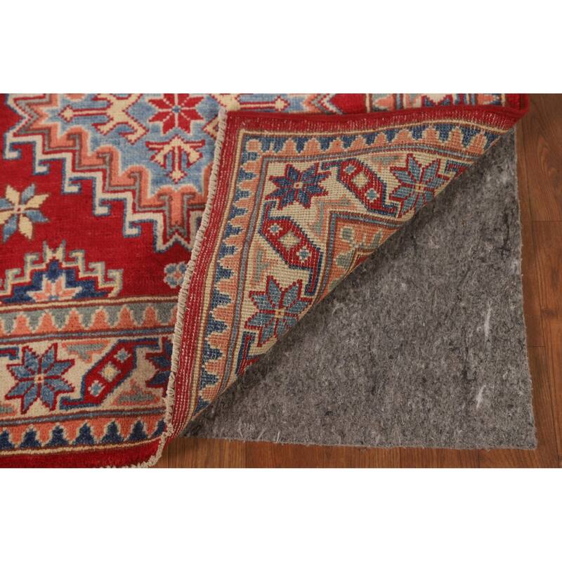 Geometric Red Kazak Runner Rug Hand-Knotted Wool Carpet - 2'9" x 8'0"