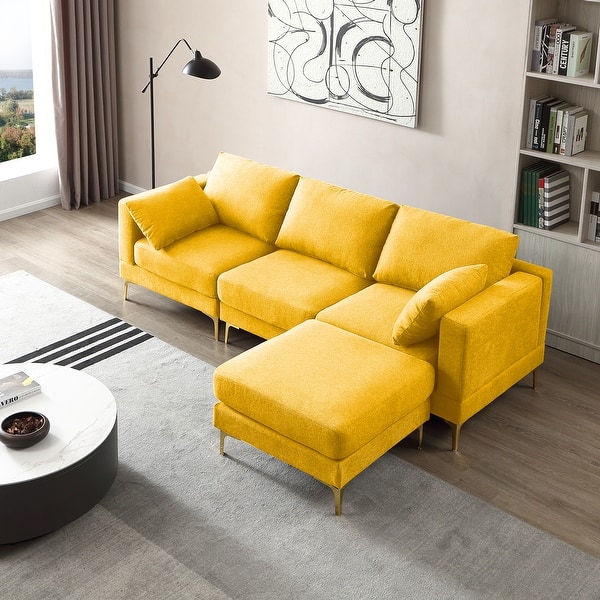 Yellow L-Shaped Sectional Sofa with Movable Ottoman and Gold Metal Legs ...