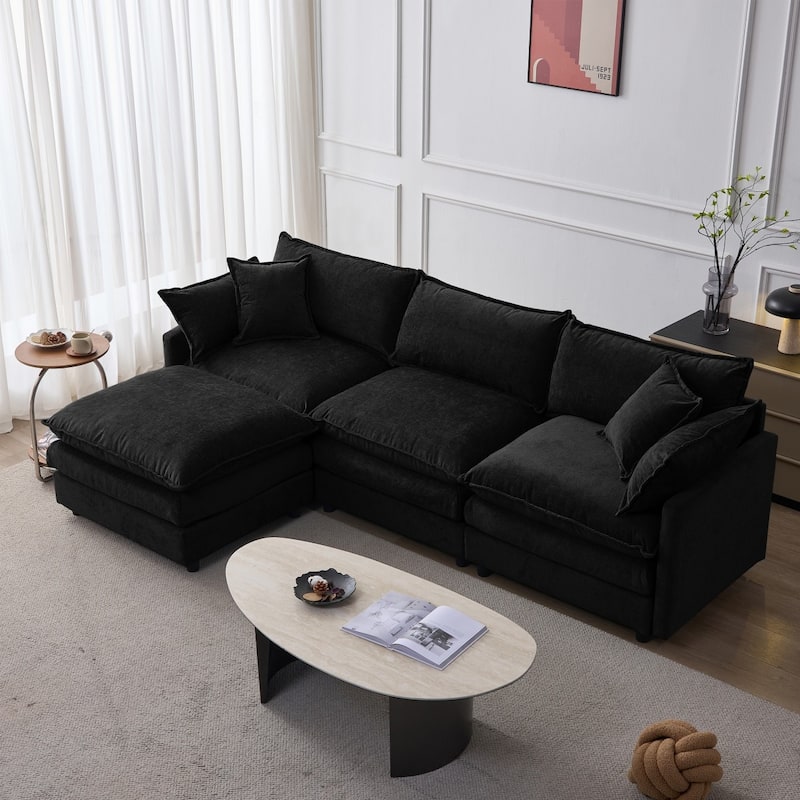 105" Modern L-Shaped Chenille Fabric 3 Seater Sectional Sofa with Ottoman - Black