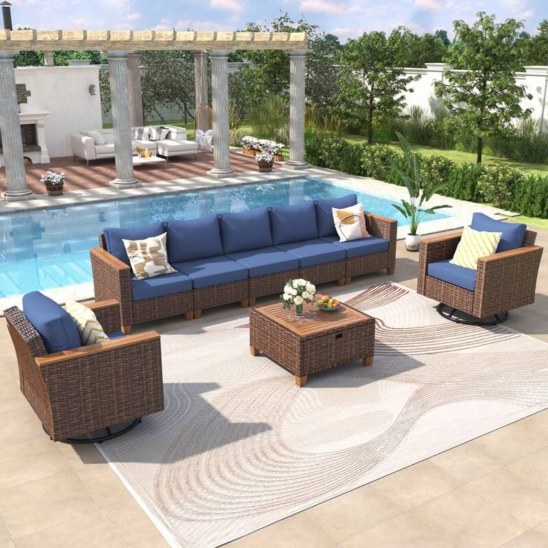 8-Piece Wicker Outdoor Conversation Set with Swivel Rocking Chairs and Acacia Wood Storage Table