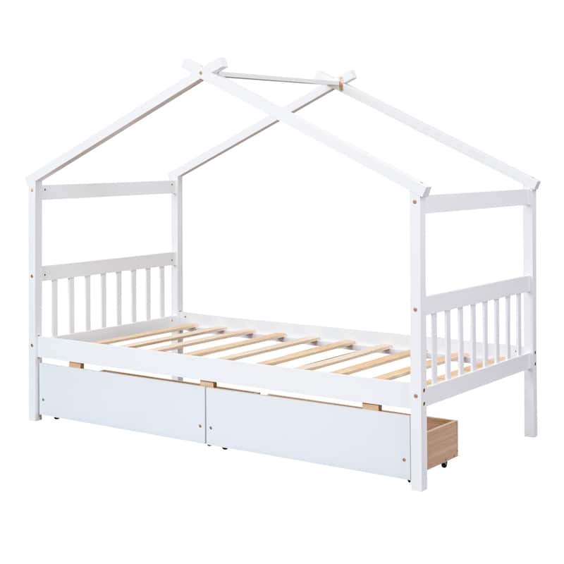 Creative Twin Size House-Shaped Wooden Bed with Drawers and Headboards for Kids