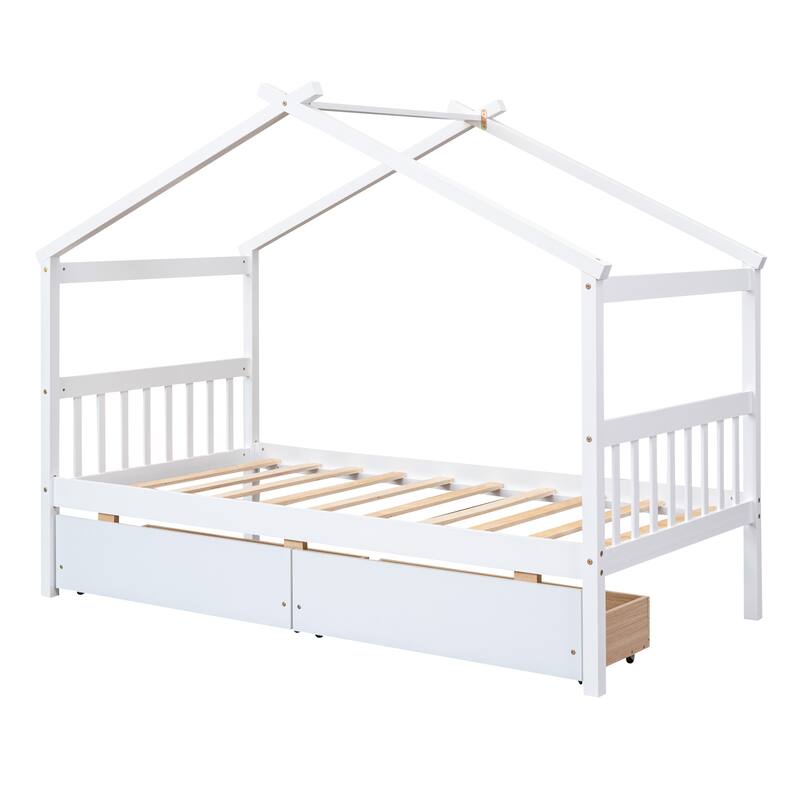 Twin Size Wooden House Bed with Drawers, Kids House-Shaped Daybed with Roof and Storage, Pinewood Frame, No Box Spring Needed