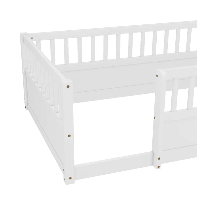 Montessori Toddler Floor Bed Child's Play Wood Bed Frame with High Fence and Open Door, No Slats - Twin Size or Full Size Option