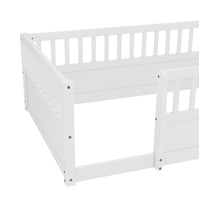 Solid Wood Floor Bed Frame without Slats, Montessori Kids Floor Beds with Full Length Fence, No Box Spring Needed