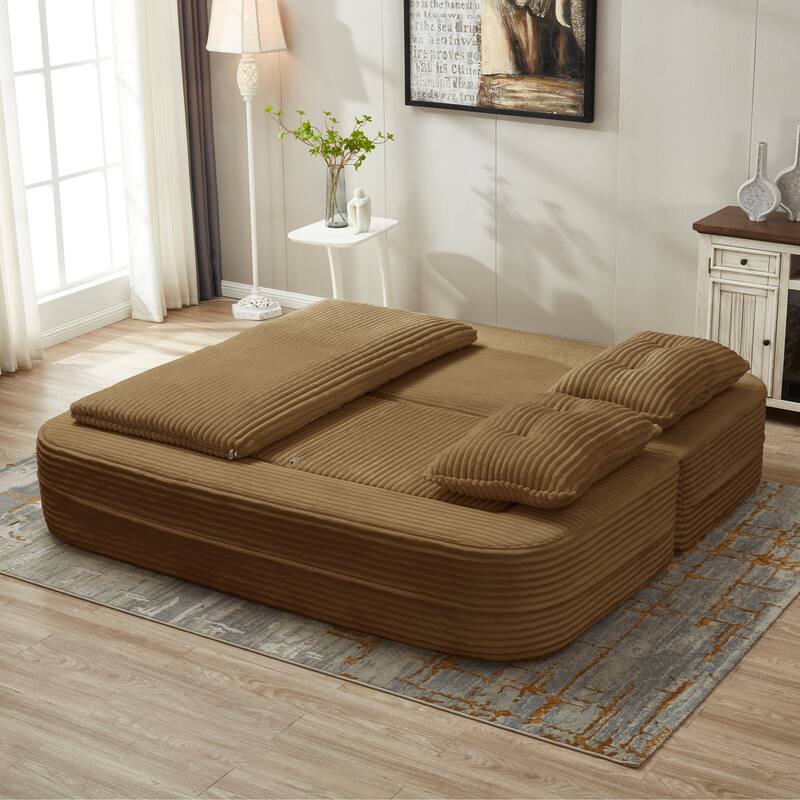 Convertible Floor Sofa Bed with Chaise Lounge, Corduroy 3-in-1 Sofa, Sofa to Bed with Dual-Purpose Blanket, No Assembly Required
