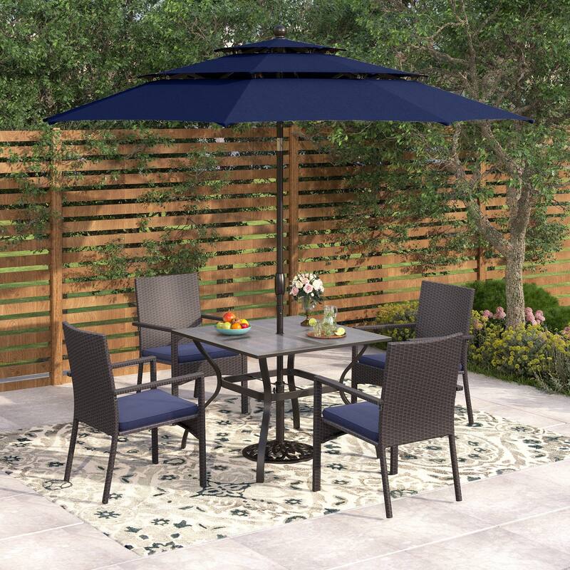 Seats up to 4 Outdoor Dining Sets, 37" Square Metal Bistro Table with Umbrella Hole and 4 Rattan Garden Chairs - +Navy Umbrella