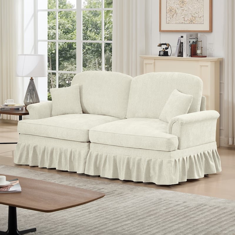Mid-Century 2-Seat Sofa Couch with Flared Arms & Removable Ruffled Skirts, Retro Chenille Upholstered Loveseat for Living Room